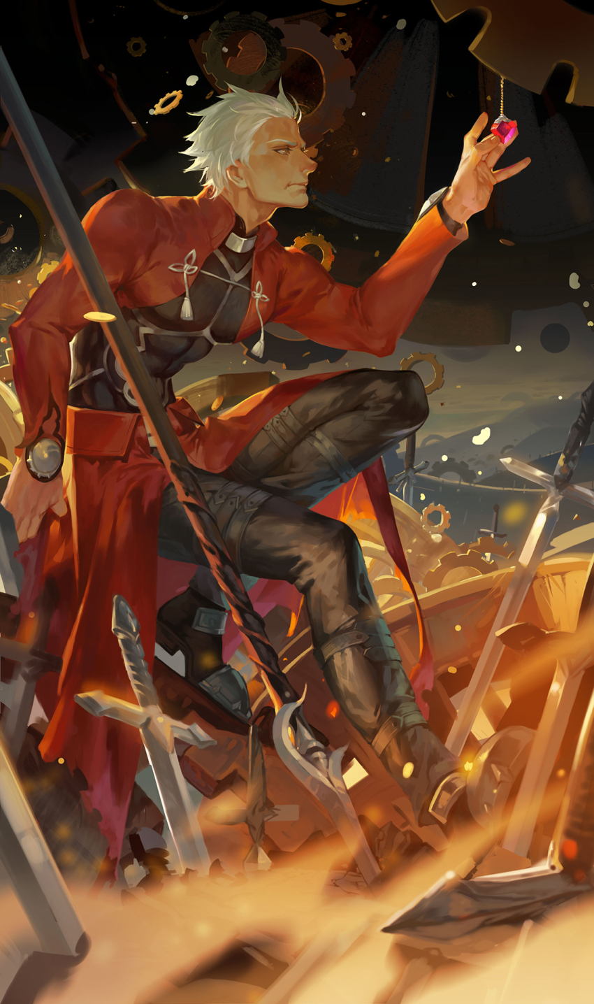 1boy abs archer_(fate) black_pants dark_skin dark-skinned_male fate/stay_night fate_(series) field_of_blades gears highres hunsay jacket jewelry male_focus necklace pants planted_sword planted polearm profile red_jacket sand sitting solo spear sword unlimited_blade_works_(reality_marble) weapon white_hair