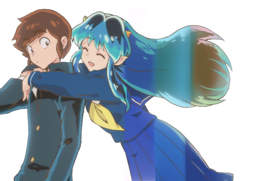 1boy 1girl aqua_hair arms_around_neck blue_sailor_collar blue_serafuku blue_shirt blue_skirt brown_hair closed_eyes gakuran gold_buttons hetero horns hug hug_from_behind long_hair lum moroboshi_ataru neckerchief open_mouth pleated_skirt pointy_ears qrhara555 sailor_collar school_uniform serafuku shirt short_hair sidelocks skirt smile upper_body urusei_yatsura white_background yellow_neckerchief