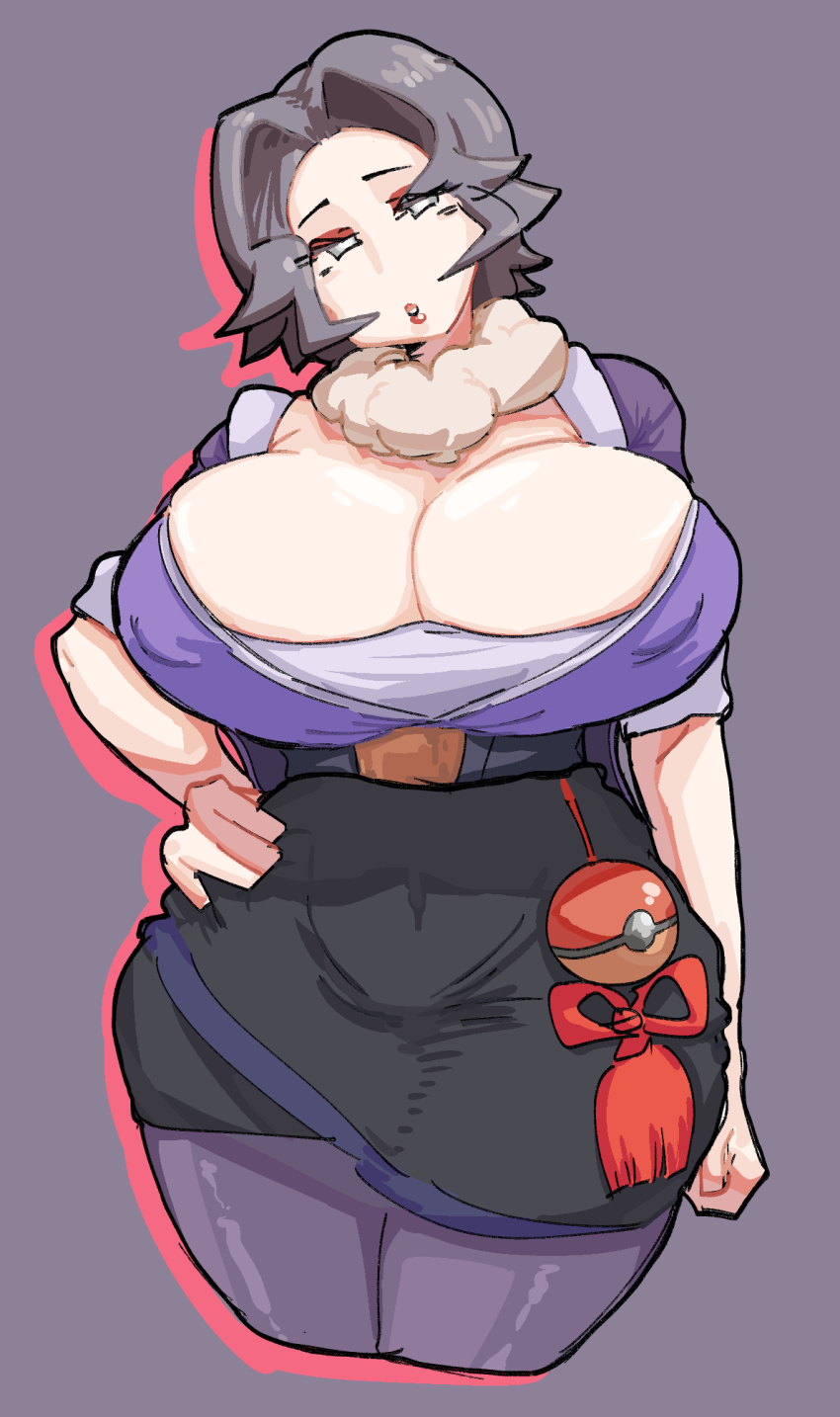 1girl belt breasts charm_(pokemon) cleavage covered_erect_nipples covered_navel cropped_legs fur_collar grey_hair hand_on_own_hip head_tilt highres huge_breasts large_breasts leebo_(leeboxxx) nintendo poke_ball pokemon pokemon_legends:_arceus purple_background red_lips short_hair skirt solo