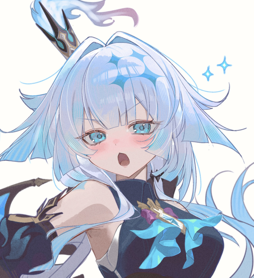 1girl blue_dress blue_eyes blue_hair blush breasts cerydra_(honkai:_star_rail) commentary_request crown detached_sleeves dress hair_intakes highres honkai:_star_rail honkai_(series) iga_(millmlml) long_hair looking_at_viewer medium_breasts mini_crown open_mouth simple_background solo upper_body white_background