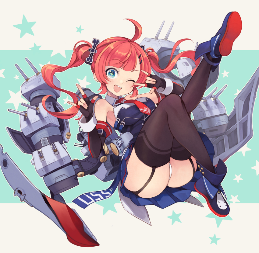 +_+ 1girl ;d ahoge ass azur_lane bare_shoulders black_gloves blue_boots blue_eyes blue_shirt blue_skirt blush boots breasts brown_thighhighs cannon collared_shirt commentary_request elbow_gloves female_focus fingerless_gloves garter_straps gloves hair_ornament hairclip head_tilt highres leg_up long_hair looking_at_viewer medium_breasts necktie one_eye_closed open_mouth panties pleated_skirt red_hair red_necktie round_teeth san_diego_(azur_lane) san_diego_(retrofit)_(azur_lane) ship_turret shirt short_necktie sidelocks skirt sleeveless sleeveless_shirt smile solo teeth thighhighs twintails underwear upper_teeth_only very_long_hair white_panties yuko_(uc_yuk)