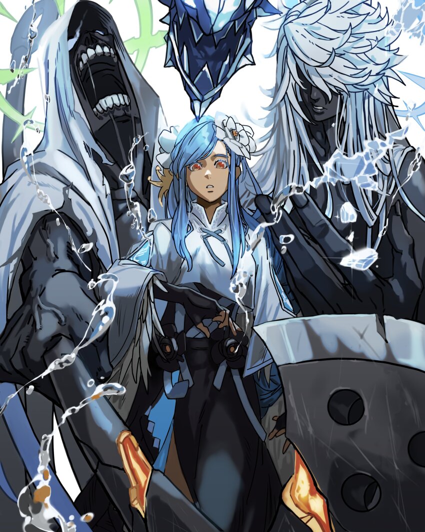 1girl absurdres angel_wings axe black_dress black_flower blue_hair braid braided_ponytail chriscas crop_top dizzy_(guilty_gear) dress fingerless_gloves fire flower front_slit gloves guilty_gear guilty_gear_strive hair_flower hair_ornament halo highres holding holding_axe holding_weapon ice long_hair long_skirt looking_at_viewer necro_(guilty_gear) open_mouth queen_dizzy red_eyes sidelocks simple_background skirt solo spiked_halo swept_bangs undine_(guilty_gear) water weapon white_background white_flower wings yellow_flower