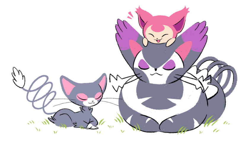 3others animal animal_focus cat closed_eyes closed_mouth commentary gen_3_pokemon gen_4_pokemon glameow gotchibam grass happy multiple_others nintendo no_humans open_mouth pokemon pokemon_(creature) purugly skitty symbol-only_commentary whiskers