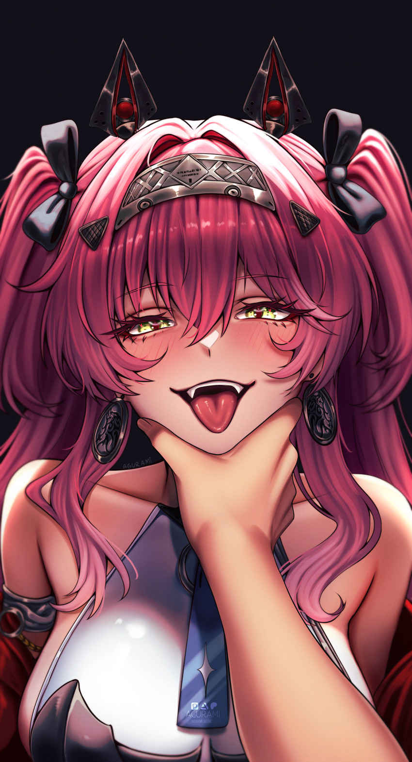 1girl 1other absurdres agurami armlet artist_name bare_shoulders black_background black_bow blush bow breasts commentary earrings english_commentary hair_between_eyes hair_bow hair_ornament hairband hand_on_another&#039;s_chin highres jewelry large_breasts long_hair looking_at_viewer lupa_(wuthering_waves) mechanical_ears metal_hairband multiple_hair_bows open_mouth pink_hair pov pov_hands red_sash sash signature smile teeth tongue tongue_out upper_body wuthering_waves yellow_eyes