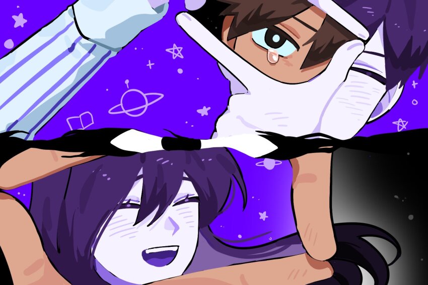 1boy 1girl 2g7oo black_eyes bright_pupils brown_hair closed_eyes colored_skin colored_tongue crying crying_with_eyes_open dark-skinned_male dark_skin dual_persona hero_(faraway)_(omori) hero_(headspace)_(omori) hero_(omori) long_hair mari_(faraway)_(omori) mari_(headspace)_(omori) mari_(omori) omori open_mouth purple_hair purple_sky purple_tongue short_hair sky something_(omori) spoilers tears teeth upper_teeth_only white_pupils white_skin