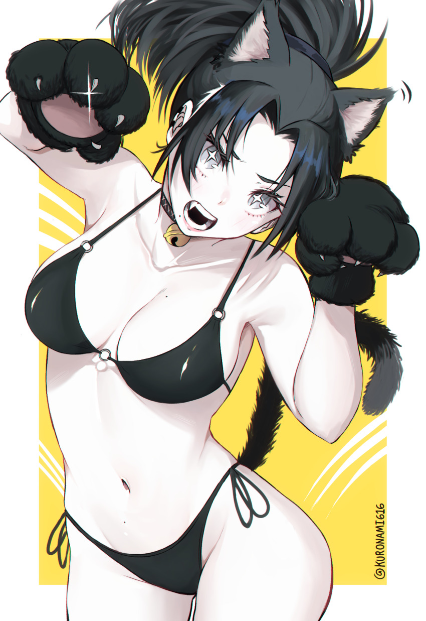 1girl :o angry animal_ears armpits bell bikini black_choker black_hair breasts cat cat_ears cat_tail choker fangs highres jingle_bell kuronami616 looking_at_viewer mole mole_on_breast mole_on_stomach mole_under_mouth open_mouth original simple_background solo swimsuit tail
