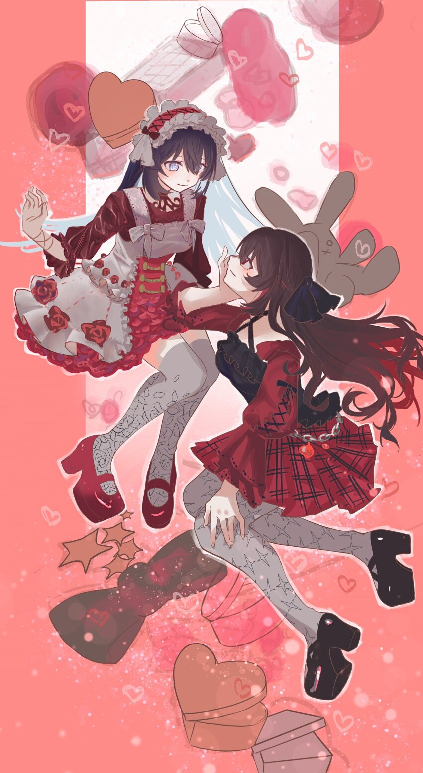 2girls absurdres blue_eyes blue_hair box closed_mouth commentary dress duoyun_de_tiankong english_commentary flower full_body high_heels highres honkai_(series) honkai_impact_3rd long_hair long_sleeves looking_at_another multiple_girls pink_background red_dress red_eyes red_flower red_hair red_rose rose seele_(alter_ego) seele_vollerei smile thighhighs two-tone_background valentine white_background white_thighhighs