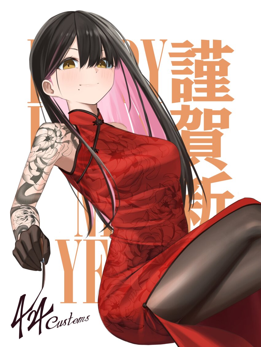 1girl absurdres arm_tattoo black_gloves black_hair black_pantyhose blush brown_eyes china_dress chinese_clothes chinese_new_year colored_inner_hair commentary dress english_commentary gloves hair_behind_ear haow happy_new_year highres holding holding_paintbrush invisible_chair mole mole_under_mouth multicolored_hair new_year original paintbrush pantyhose red_dress shizuku_inoue_(haow) sitting sleeveless sleeveless_dress smile solo tattoo tattoo_sleeve v-shaped_eyebrows