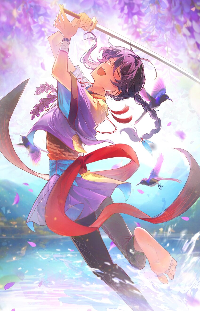 1boy :d absurdres ahoge arms_up bird black_pants blue_feathers bluebird blurry braid braided_ponytail closed_eyes depth_of_field egasumi ensemble_stars! falling_petals feather_hair_ornament feathers floating_clothes floating_hair flower foot_up hair_intakes hair_ornament happy head_back highres holding holding_sword holding_weapon japanese_clothes kanzaki_souma katana kimono lake light_particles long_hair mountain mountainous_horizon obi official_alternate_costume official_alternate_hairstyle open_mouth pants petals pink_petals purple_hair purple_kimono red_sash sash short_sleeves single_sidelock smile soles solo splashing standing standing_on_one_leg sword teeth upper_teeth_only water weapon whiten_wolf wide_sleeves wisteria wrist_wrap