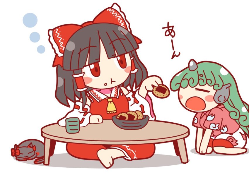 1girl :t ascot bare_shoulders barefoot black_cat black_hair blunt_bangs blush_stickers bow cat closed_eyes closed_mouth collared_shirt crumbs cup curly_hair detached_sleeves feeding flat_color food frilled_bow frilled_hair_tubes frills full_body green_hair hair_bow hair_tubes hakurei_reimu holding holding_food horns kaenbyou_rin kaenbyou_rin_(cat) kariyushi_shirt komainu_ears komainu_girl komano_aunn long_hair onigiri open_mouth red_bow red_eyes red_shirt red_skirt ribbon-trimmed_sleeves ribbon_trim rokugou_daisuke shirt short_hair short_sleeves shorts sidelocks simple_background single_horn sitting skirt skirt_set sleeveless sleeveless_shirt squeans table touhou white_background white_shorts white_sleeves wide_sleeves yellow_ascot