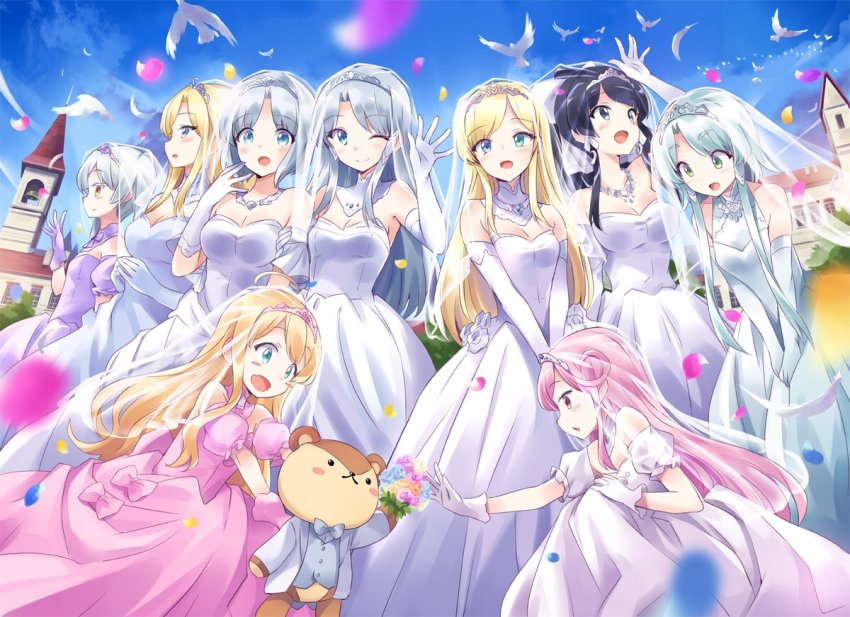 6+girls black_hair blonde_hair blue_eyes blush breasts bridal_veil bride church cleavage dress elbow_gloves else_shileska elze_silhoueska female_focus gloves hair_ornament harem hildegard_minas_restia isekai_wa_smartphone_to_tomo_ni. jewelry kokonoe_yae leen_(isekai_wa_smartphone_to_tomo_ni.) linse_shileska long_hair looking_at_viewer lucia_rea_regulus multiple_girls necklace open_mouth paula_(isekai_wa_smartphone_to_tomo_ni.) pink_dress polygamy purple_dress purple_gloves skirt smile soucie_elnea_ortlinde usatsuka_eiji veil wedding wedding_dress white_dress white_gloves yumina_elnea_belfast