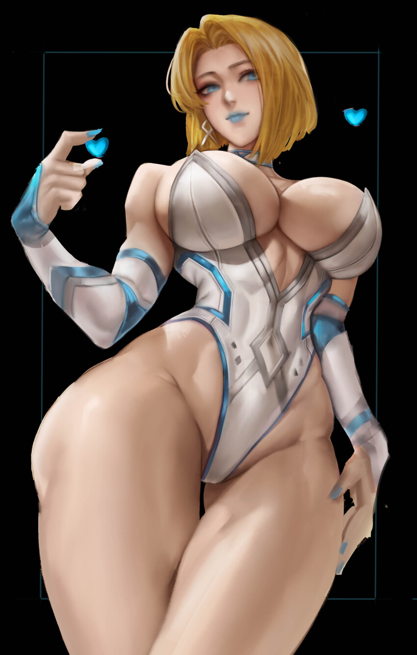 1girl absurdres athletic_leotard black_background blonde_hair blue_eyes blue_lips blue_nails bob_cut breasts highres large_breasts leotard looking_at_viewer simple_background thick_thighs thighs wide_hips