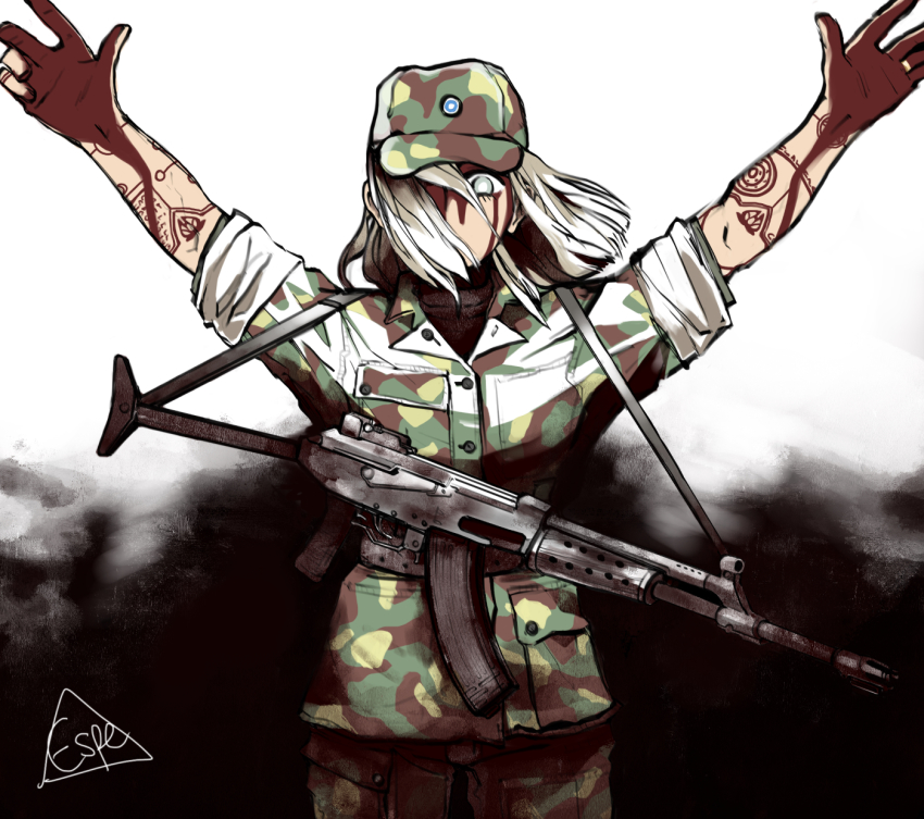 1girl arms_up assault_rifle blood blood_on_face blood_on_hands breast_pocket breasts camouflage camouflage_headwear camouflage_jacket camouflage_pants commentary espedraws finnish_army finnish_commentary grey_eyes gun hat highres jacket magazine_(weapon) medium_breasts military military_uniform occult one_eye_covered original pants pocket rifle rk62 sleeves_rolled_up solo weapon white_hair