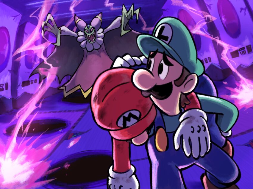 2boys blue_overalls boots brothers brown_footwear cackletta electricity facial_hair gloves green_headwear green_shirt hat highres indoors luigi male_focus mario mario_&amp;_luigi:_superstar_saga mario_&amp;_luigi_rpg mario_&amp;_luigi_rpg_(style) mario_(series) multiple_boys mustache nintendo overalls red_headwear red_shirt shirt siblings white_gloves ya_mari_6363