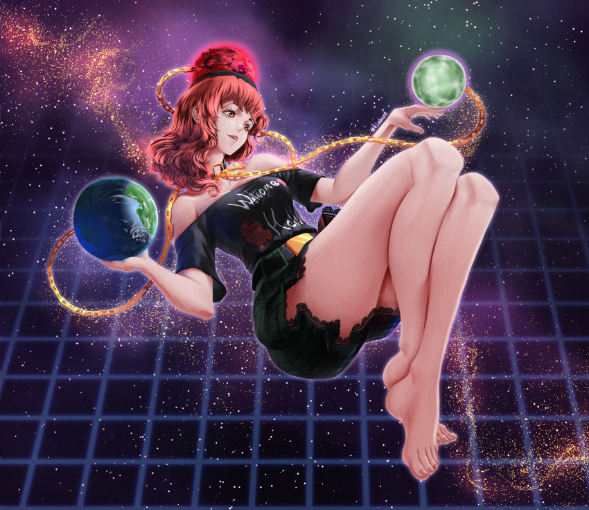 1girl absurdres barefoot belt black_shirt chain clothes_writing earth_(ornament) feet grid hecatia_lapislazuli highres klabisot legs moon_(ornament) multicolored_skirt off-shoulder_shirt off_shoulder open_mouth plaid_clothes plaid_skirt red_eyes red_hair shirt skirt solo space toes touhou