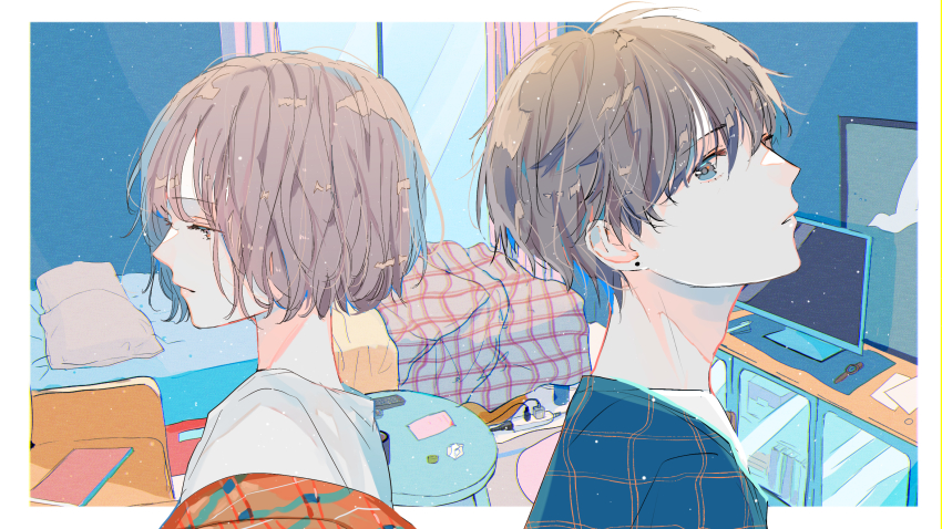 1boy 1girl amatsuki_(utaite) bed bedroom blanket blue_eyes book brown_eyes brown_hair character_request check_character closed_mouth commentary_request controller curtains earrings hagimorijia highres indie_utaite indoors jewelry light_particles looking_at_viewer monitor original paper parted_lips pillow power_strip profile remote_control shirt short_hair stud_earrings table upper_body watch white_shirt window wristwatch