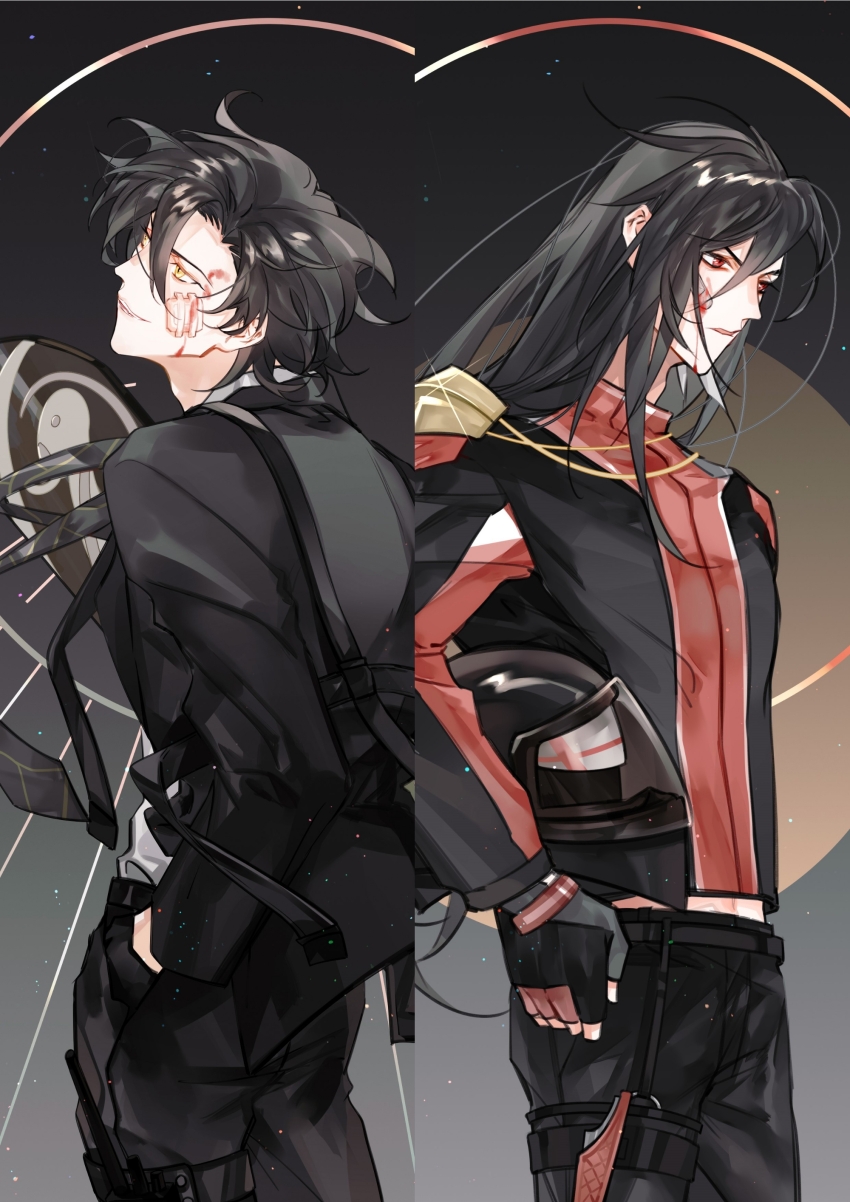 2boys absurdres alternate_costume azha8 bandaid bandaid_on_face belt biker_clothes black_background black_belt black_gloves black_hair black_jacket black_necktie black_pants black_suit blood blood_on_face carrying carrying_under_arm collared_shirt cowboy_shot curtained_hair fingerless_gloves formal_clothes furrowed_brow gauze gauze_on_cheek gloves hair_between_eyes hand_in_pocket harness helmet highres holding holding_helmet holding_skateboard holster jacket leather leather_jacket lianhua_blood_duck_(the_tale_of_food) long_hair long_sleeves looking_ahead looking_to_the_side looking_up male_focus midriff_peek motorcycle_helmet multicolored_jacket multiple_boys necktie open_clothes open_jacket pants parted_lips red_eyes red_jacket scowl shirt shirt_tucked_in short_hair shoulder_guard skateboard smile split_screen standing suit suit_jacket taibai_duck_(the_tale_of_food) the_tale_of_food thigh_holster thigh_strap two-tone_jacket unworn_headwear unworn_helmet white_shirt yellow_eyes