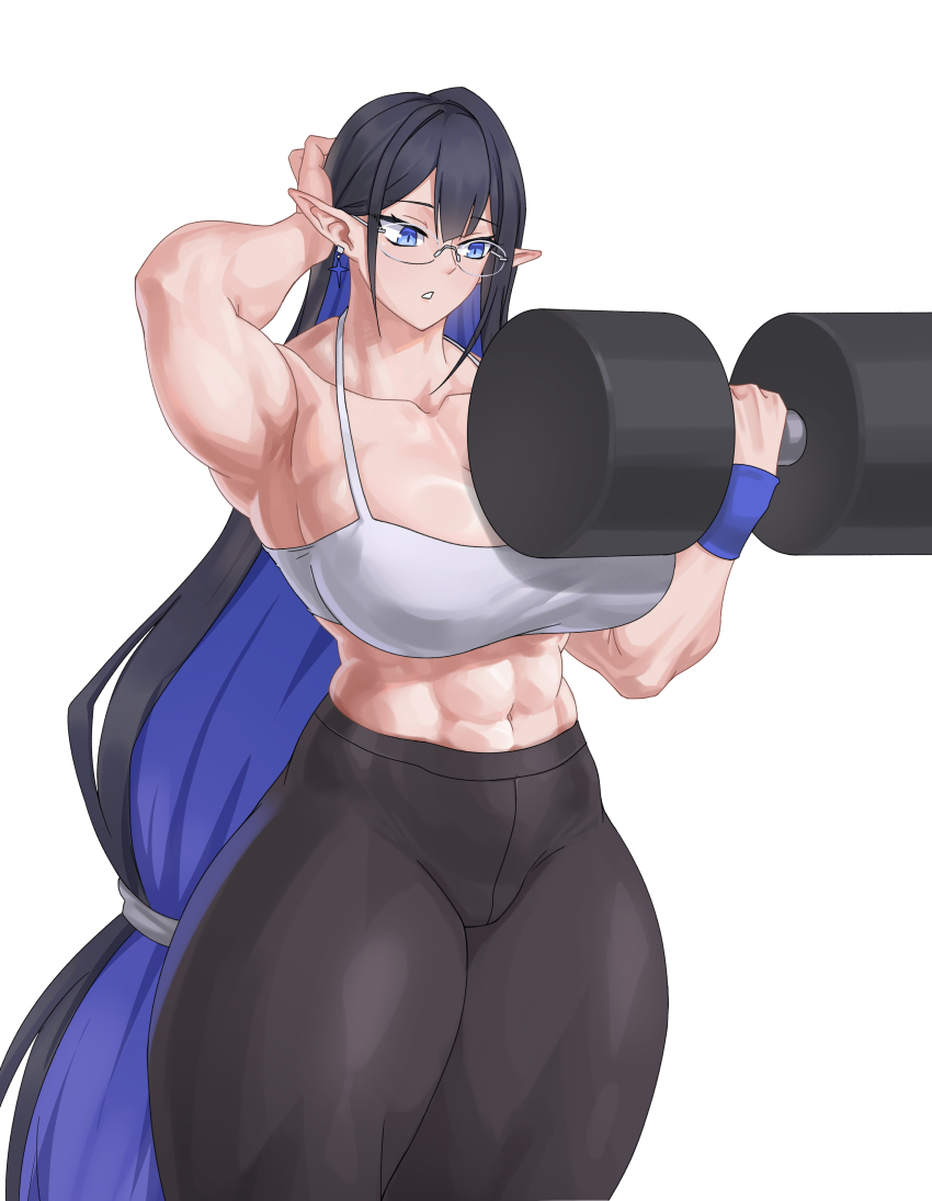 1girl abs absurdres alternate_muscle_size armband bicep_curl biceps black_hair blue_archive blue_armband blue_hair breasts cleavage colored_inner_hair commission cursna dumbbell exercising eyeliner glasses gym_equipment highres holding holding_dumbbell leggings makeup midriff multicolored_hair muscular muscular_female navel pants pixiv_commission pointy_ears rimless_eyewear rin_(blue_archive) sports_bra sportswear tall_female thick_thighs thighs weightlifting weights white_sports_bra yoga_pants