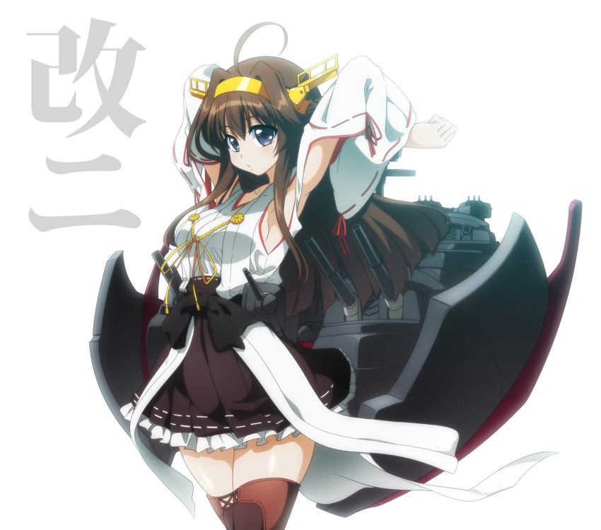 10s 1girl armpits bad_id bad_pixiv_id blue_eyes boots brown_hair detached_sleeves female_focus highres kantai_collection kawakami_shuuichi kongou_(kancolle) kongou_kai_ni_(kancolle) long_hair long_sleeves nontraditional_miko personification pleated_skirt ribbon-trimmed_sleeves ribbon_trim skirt solo thigh_boots thighhighs translated wide_sleeves zettai_ryouiki