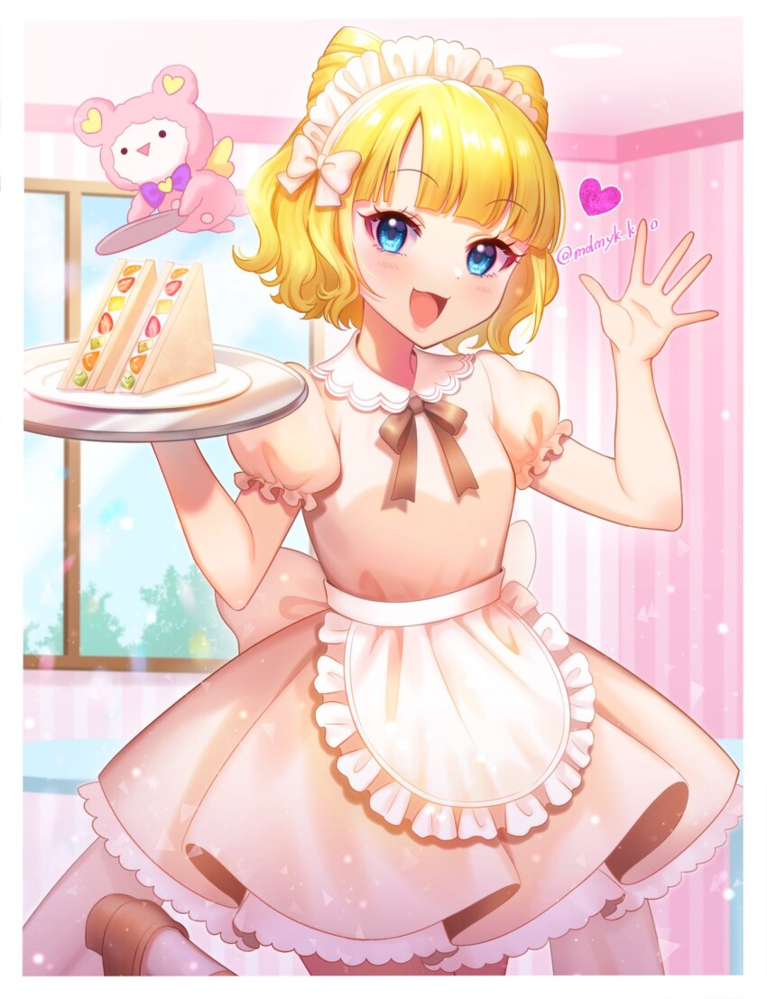 1girl :d apron blonde_hair blue_eyes blunt_bangs border brown_dress commentary_request cone_hair_bun cowboy_shot double_bun dress frilled_apron frilled_dress frills fruit_sandwich hair_bun hands_up highres holding holding_tray indoors kuma_(pripara) looking_at_viewer maid maid_apron maid_headdress mendamen minami_mirei neck_ribbon open_hand open_mouth plate pretty_series pripara puffy_short_sleeves puffy_sleeves ribbon short_hair short_sleeves smile standing standing_on_one_leg stuffed_animal stuffed_toy teddy_bear tray waist_apron white_apron white_border window