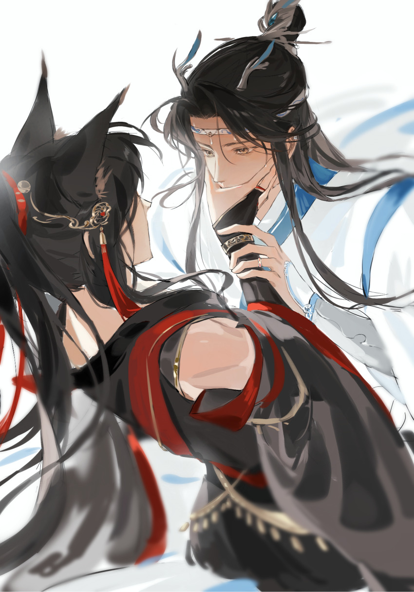 2boys absurdres alternate_costume animal_ears bare_shoulders bishounen black_gloves black_hair black_hanfu blurry bracelet chinese_clothes chinese_commentary covering_another&#039;s_mouth depth_of_field detached_sleeves dragon_boy ear_piercing eastern_dragon_horns eye_contact fingerless_gloves fox_boy fox_ears gloves hair_ornament hair_ribbon hand_on_another&#039;s_face hanfu headband highres holding_another&#039;s_wrist jewelry kemonomimi_mode lan_wangji long_hair long_sleeves looking_at_another male_focus modao_zushi multiple_boys piercing ponytail red_ribbon ribbon ring robe shenzhang10011 sidelocks simple_background sleeves_past_wrists tassel tassel_hair_ornament topknot upper_body wei_wuxian white_background white_hanfu white_headband wide_sleeves xiao_guan_(headdress) yaoi yellow_eyes