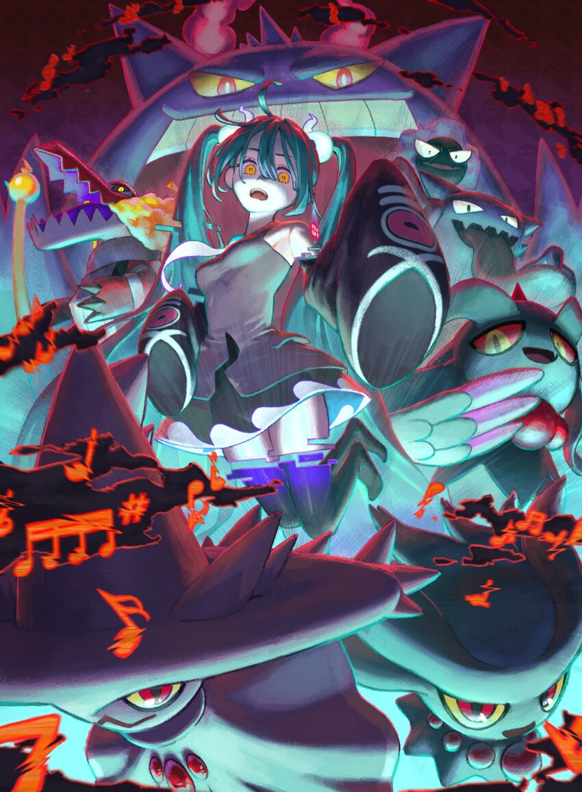 absurdres aqua_hair black_thighhighs detached_sleeves dynamax fire_bird_(skeledirge) floating flutter_mane gastly gen_1_pokemon gen_2_pokemon gen_4_pokemon gengar ghost ghost_miku_(project_voltage) gigantamax gigantamax_gengar glitch grey_shirt hatsune_miku haunter highres long_hair matsu_bokkuri misdreavus mismagius musical_note necktie nintendo pale_skin pokemon pokemon_(creature) project_voltage see-through_clothes see-through_skirt shirt skeledirge skirt sleeves_past_fingers sleeves_past_wrists thighhighs twintails very_long_hair vocaloid will-o&#039;-the-wisp_(mythology) yellow_eyes
