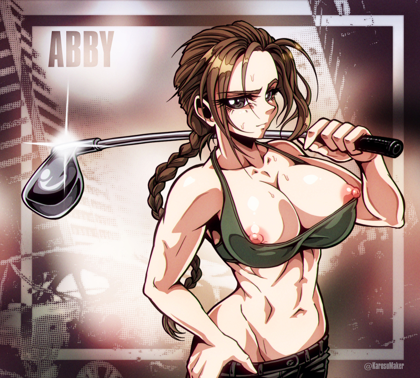 abigail_anderson artist_name black_pants bra breasts brown_eyes brown_hair golf_club green_bra hand_on_own_hip highres holding holding_golf_club karosu_maker large_breasts long_hair looking_at_viewer navel nipple_slip nipples pants ponytail solo sweat the_last_of_us_(series) the_last_of_us_2 underwear