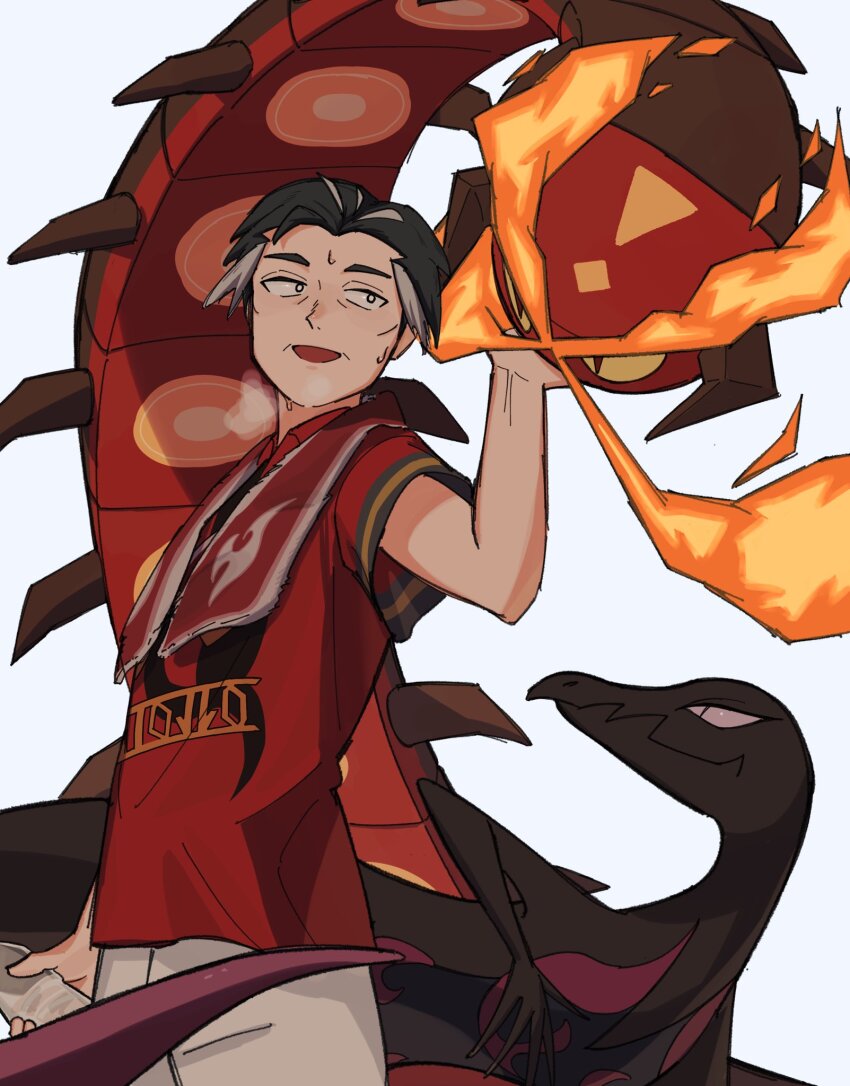 1boy aged_down black_eyes black_hair breath bright_pupils centiskorch commentary_request gen_7_pokemon gen_8_pokemon hand_up highres holding kabu_(pokemon) looking_back male_focus nintendo open_mouth pokemon pokemon_(creature) pokemon_swsh red_shirt salazzle shirt short_hair short_sleeves shorts simple_background smile sweat towel towel_around_neck umebosi_nigame white_background white_pupils white_shorts