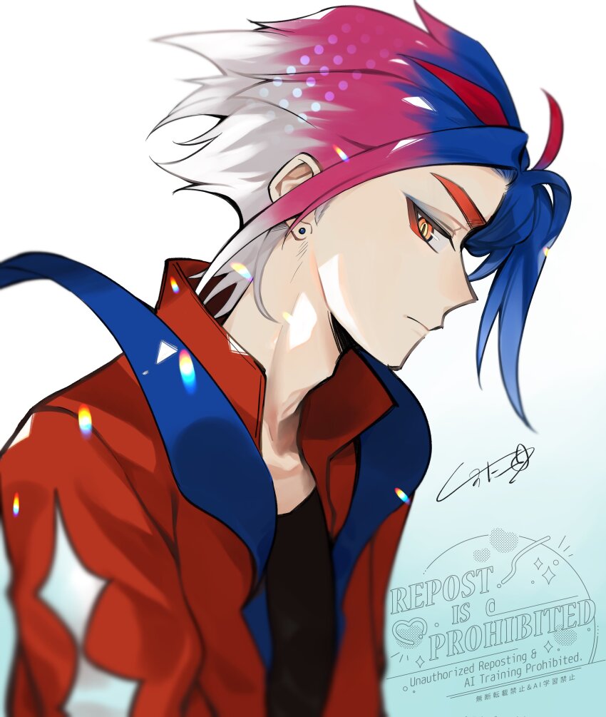 1boy absurdres black_shirt blue_hair closed_mouth commentary_request earrings from_side gradient_background hei_tai_(kyaputen1) highres jacket jewelry koraidon looking_to_the_side male_focus multicolored_hair nintendo orange_eyes personification pokemon purple_hair red_hair red_jacket shirt signature solo upper_body watermark white_hair