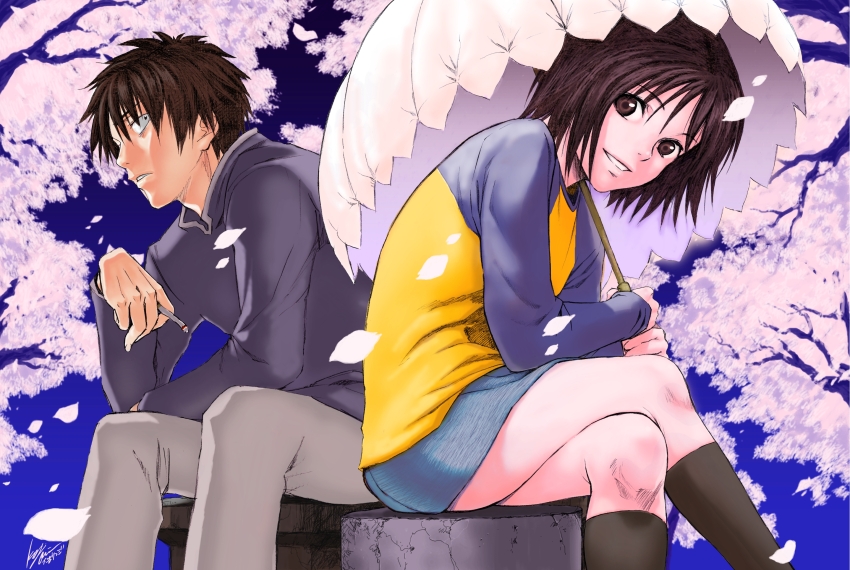 1boy 1girl black_eyes black_hair cherry_blossoms cigarette crossed_legs highres holding holding_cigarette holding_umbrella looking_at_viewer miniskirt nakahara_misaki nhk_ni_youkoso! official_art ooiwa_kenji parasol parted_lips satou_tatsuhiro short_hair sitting skirt smile sweater tree umbrella