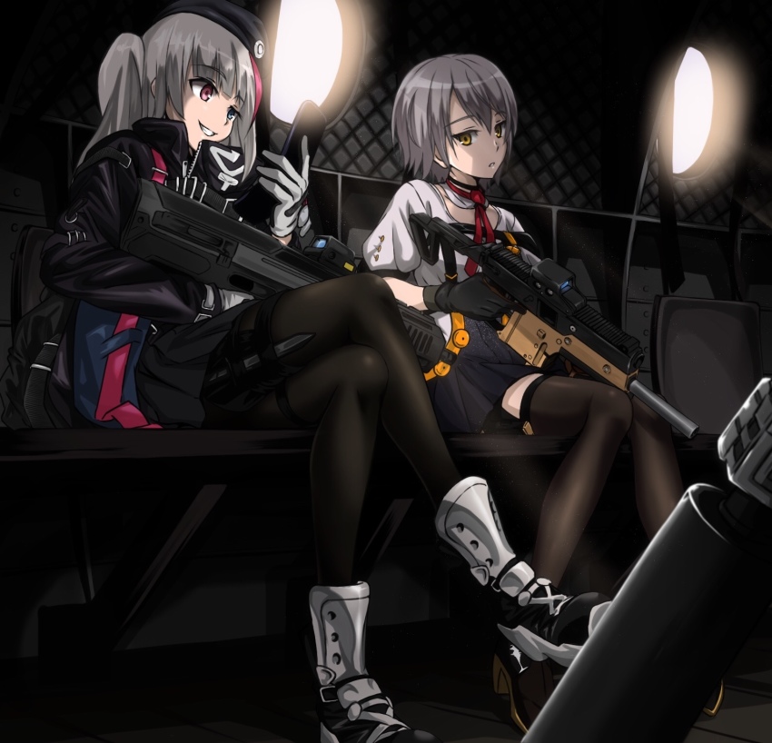 2girls acog aircraft assault_rifle battle_rifle beret bullpup cellphone cockpit crossed_legs desert_tech_mdr flip_phone girls&#039;_frontline gloves goggle55w gun hat helicopter highres interior kriss_usa kriss_vector magpul mdr_(girls&#039;_frontline) multicolored_hair multiple_girls phone rifle shoes sneakers streaked_hair submachine_gun suppressor tactical_clothes thighhighs transformational_defense_industries vector_(girls&#039;_frontline) weapon