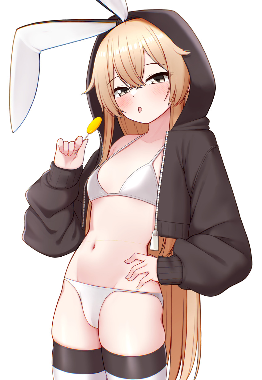 1girl absurdres alternate_costume bikini black_jacket blonde_hair blue_eyes breasts candy collarbone commentary_request food hair_ribbon hairband hand_on_own_hip highres holding hood hooded_jacket hoodie jacket kantai_collection long_hair navel open_clothes open_mouth ribbon shimakaze_(kancolle) simple_background skindentation small_breasts smile solo striped_clothes striped_thighhighs sway_back swimsuit thighhighs tiemu_(man190) tongue tongue_out white_background white_bikini white_hairband yellow_eyes