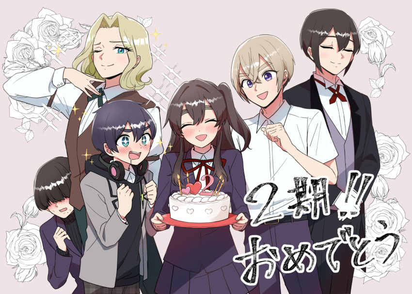 +_+ 1girl 5boys :d ;) ^_^ aijou_rentarou black_hair blonde_hair blue_eyes blush brown_hair brown_vest butler cake candle clenched_hands closed_eyes commentary_request commission covered_eyes facing_viewer flower food genderswap genderswap_(ftm) genderswap_(mtf) gloves grey_background grey_jacket hair_between_eyes hair_over_eyes haraga_kurumi headphones headphones_around_neck holding holding_cake holding_food hood hood_down jacket kakure_meme kimi_no_koto_ga_dai_dai_dai_dai_daisuki_na_100-nin_no_kanojo long_hair long_sleeves looking_at_viewer male_harem meido_mei multiple_boys neck_ribbon one_eye_closed one_side_up open_mouth paramisan pixiv_commission purple_eyes red_ribbon ribbon shirt short_sleeves simple_background smile sparkle sutou_iku thick_eyebrows utsukushisugi_mimimi vest white_gloves white_shirt wing_collar