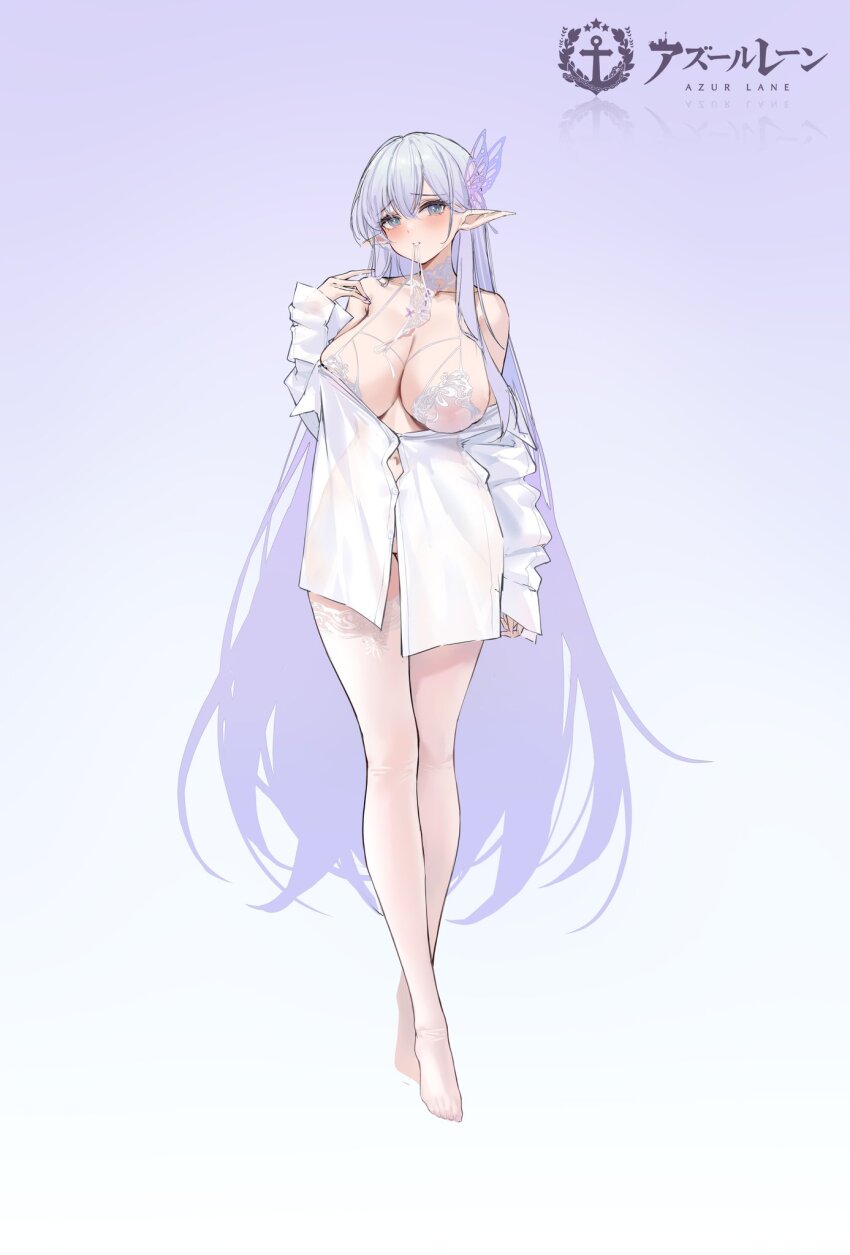1girl albion_(a_fairy-tale_breakfast)_(azur_lane) albion_(azur_lane) ass azur_lane blue_eyes blue_hair breasts from_behind highres lace lace-trimmed_thighhighs lace_trim large_breasts light_blush logo long_hair looking_at_viewer mouth_hold ng_jie official_alternate_costume official_art panties parted_lips pointy_ears shirt simple_background solo thighhighs underwear very_long_hair white_background white_panties white_shirt white_thighhighs