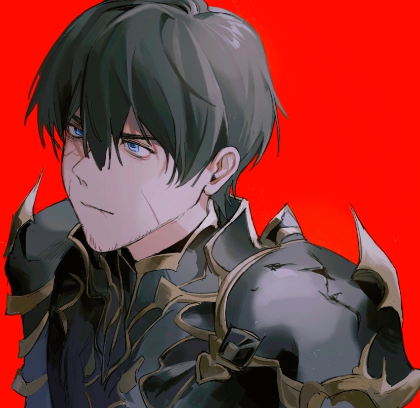 1boy adventurer_(ff14) armor baobing black_armor black_hair blue_eyes chinese_commentary closed_mouth commentary_request facial_hair final_fantasy final_fantasy_xiv hair_between_eyes highres male_focus portrait red_background scar scar_on_face short_hair simple_background solo stubble variant_set warrior_of_light_(ff14)