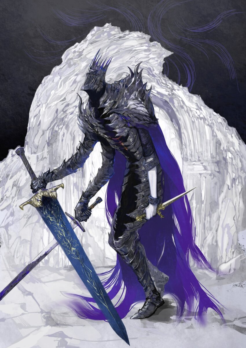 1boy armor cape elden_ring elden_ring_nightreign extra_arms full_armor full_body gauntlets great_rune_(elden_ring) greatsword helmet heolstor_the_nightlord highres hunched_over in-universe_location looking_up nira_(nira_box) outdoors purple_cape shoulder_armor solo spiked_helmet standing sword triple_wielding weapon