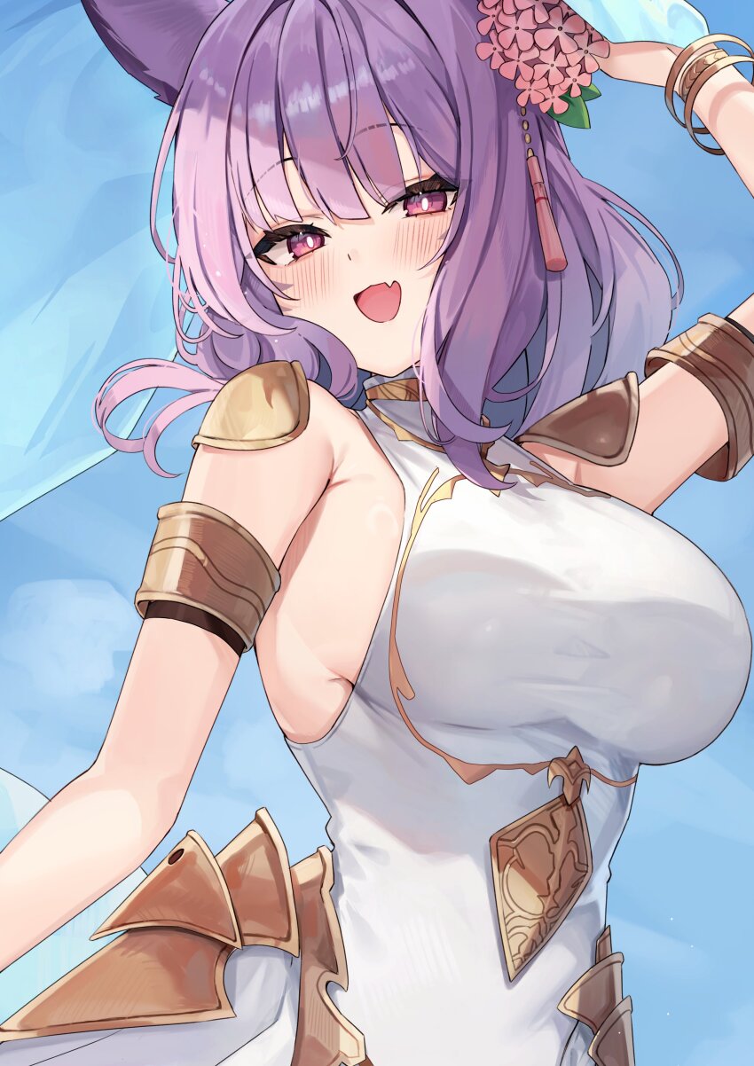 1girl absurdres animal_ears arm_up blush breasts cat_ears dress fang final_fantasy final_fantasy_xiv flower hair_flower hair_ornament highres kuroshiro_kanae large_breasts long_hair looking_at_viewer medium_hair miqo&#039;te open_mouth pink_flower purple_eyes purple_hair shoulder_pads skin_fang sleeveless sleeveless_dress solo warrior_of_light_(ff14) white_dress