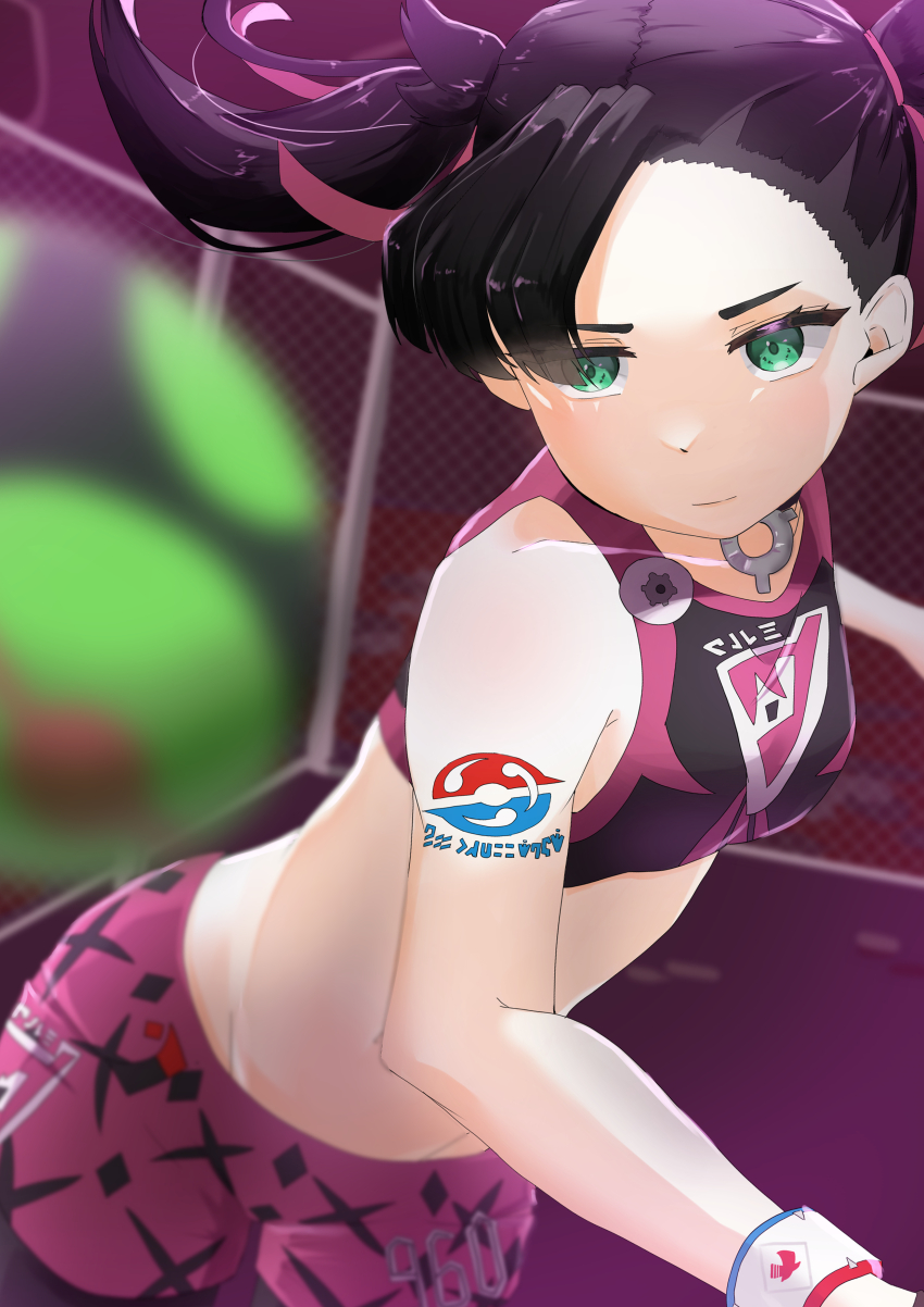 1girl absurdres aqua_eyes armpits artist_request asymmetrical_bangs bare_arms bare_shoulders black_choker black_hair breasts child choker closed_mouth collarbone dusk_ball dynamax_band expressionless eyelashes female_focus fighting_stance floating_hair gloves groin highres leggings long_hair marnie_(pokemon) midriff multiple_views navel nintendo official_alternate_costume outdoors outstretched_arm pale_skin pendant_choker poke_ball pokemon pokemon_swsh print_shirt shirt single_glove small_breasts sports_bra standing throwing throwing_poke_ball tight_clothes turnaround twintails two-tone_legwear two-tone_sports_bra undercut wristband