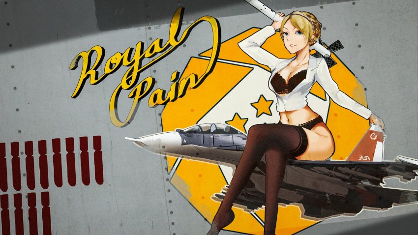 1girl ace_combat ace_combat_7:_skies_unknown air_supreriority_fighter aircraft airplane black_bra black_panties black_thighhighs blonde_hair blue_eyes bra braid breasts cleavage commentary crossed_legs crown_braid english_text fighter_aircraft highres interdictor kowaremashita long_sleeves missile multirole_combat_aircraft no_pants panties rosa_cossette_d&#039;elise su-30 thighhighs thighs underwear