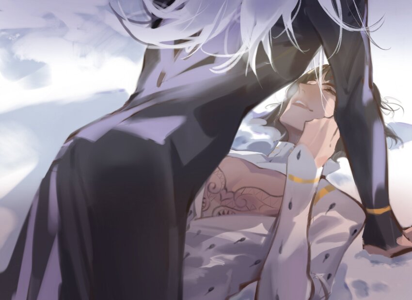 2boys arm_support arm_up black_coat black_hair blunt_ends bruno_bucciarati chest_tattoo cleavage_cutout closed_eyes clothing_cutout coat collared_jacket commentary fandangyu hashtag-only_commentary head_out_of_frame highres jacket jojo_no_kimyou_na_bouken leone_abbacchio long_hair long_sleeves lying male_focus multiple_boys on_back open_mouth popped_collar short_hair smile tattoo teeth upper_teeth_only vento_aureo white_hair white_jacket yaoi