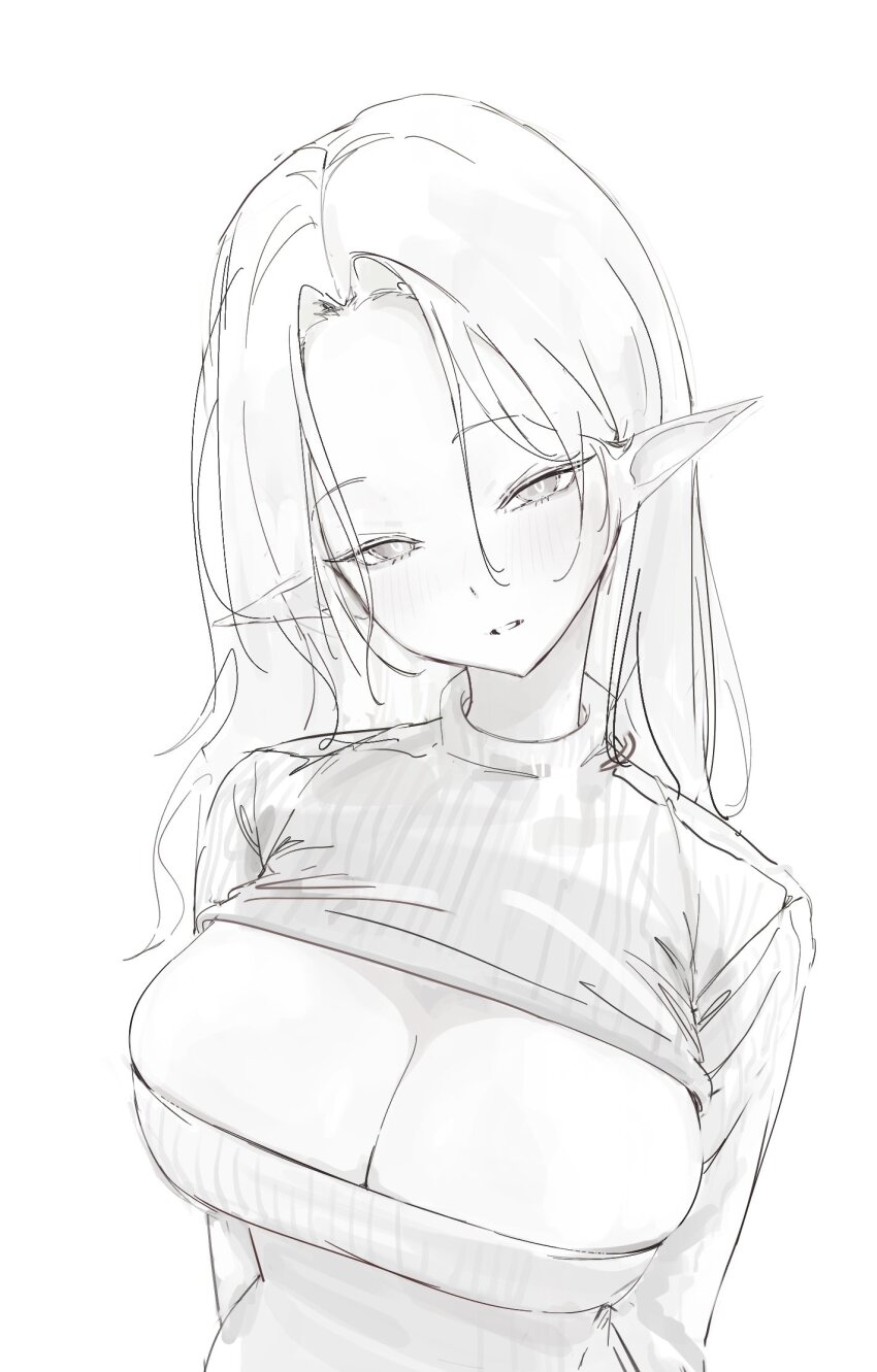 1girl breasts cleavage cleavage_cutout clothing_cutout elf highres laneigu large_breasts long_hair looking_at_viewer meme_attire monochrome narrowed_eyes open-chest_sweater open_mouth original pointy_ears ribbed_sweater sketch solo sweater turtleneck turtleneck_sweater