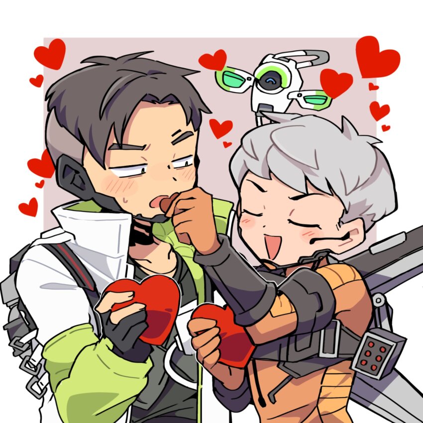 1boy 1girl ^_^ animification apex_legends armor backpack bag black_gloves black_hair black_shirt blush bodysuit border box breastplate candy chocolate chocolate_heart closed_eyes crypto_(apex_legends) earpiece feeding food gloves grey_vest hack_(apex_legends) hair_behind_ear heart heart-shaped_box hetero highres jacket looking_down missile_pod nojima_minami non-humanoid_robot orange_bodysuit orange_gloves outside_border partially_fingerless_gloves pink_background robot sanpaku shirt smile undercut v-shaped_eyebrows valentine valkyrie_(apex_legends) vest white_border white_jacket