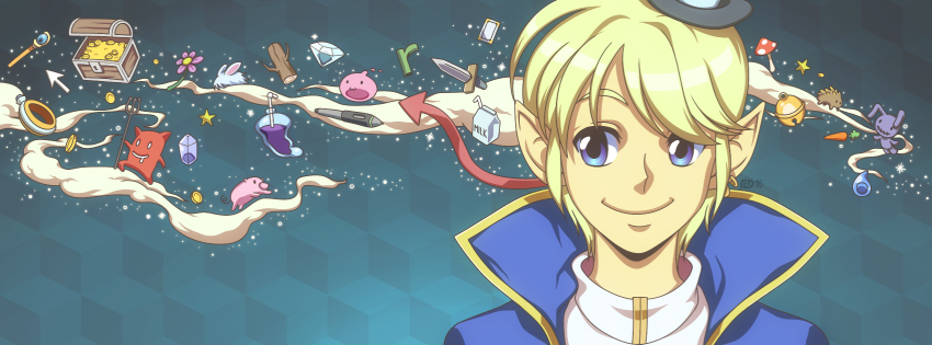 1boy :3 alternate_color blonde_hair blue_background blue_cape blue_eyes cape caramel_(ragnarok_online) card carrot closed_mouth coin cokeboy commentary creature dagger diamond_(gemstone) english_commentary gold_trim grape_juice hedgehog high_wizard_(ragnarok_online) highres jewelry juice knife log looking_afar looking_to_the_side lunatic_(ragnarok_online) male_focus milk_carton mini_demon mushroom piglet poring ragnarok_online ring savage_babe shirt short_hair slime_(creature) smile solo stuffed_animal stuffed_rabbit stuffed_toy treasure_chest weapon white_shirt