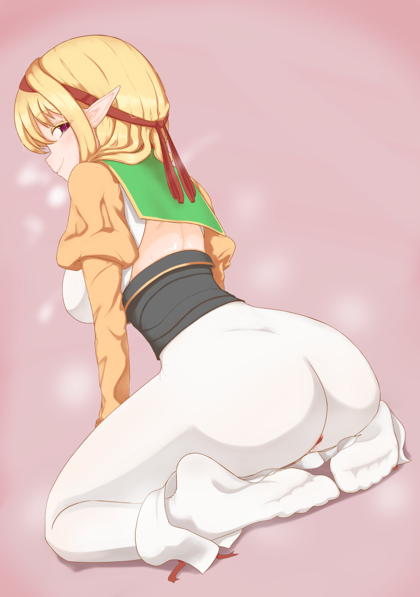 absurdres anal anal_object_insertion anonymous_elf blonde_hair elf from_behind highres jing_ling_bian_qian_bei_fen_ku looking_at_viewer no_shoes object_insertion original pantyhose pointy_ears pussy_juice sitting socks soles wariza white_pantyhose white_socks