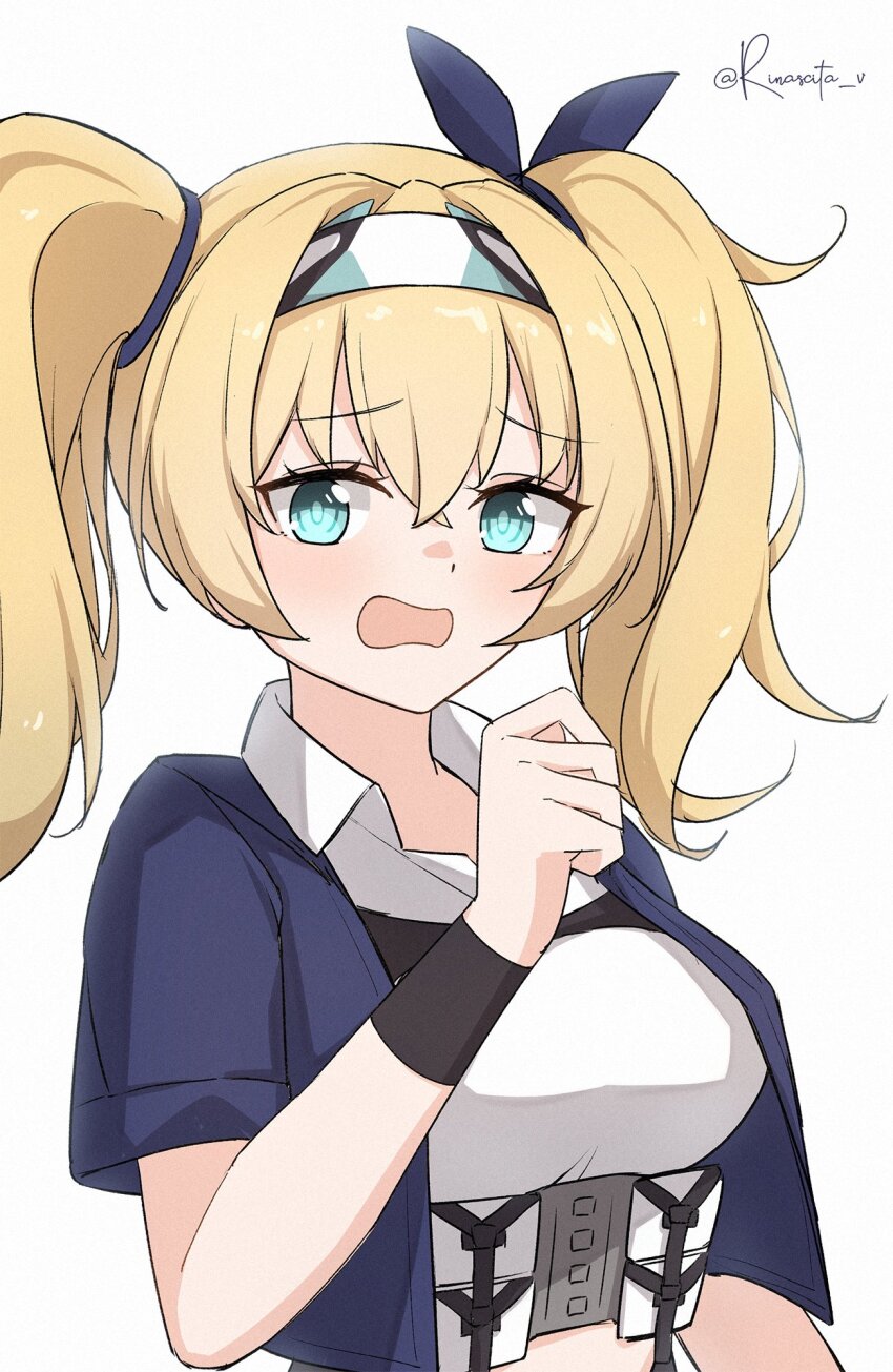 1girl aticsanir blonde_hair blue_eyes blue_jacket gambier_bay_(kancolle) gambier_bay_mk_ii_(kancolle) hairband highres jacket kantai_collection long_hair military_uniform multicolored_hairband one-hour_drawing_challenge open_mouth shirt simple_background solo twintails twitter_username upper_body white_background white_shirt wristband