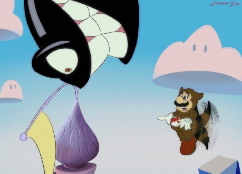 1boy animal_ears banzai_bill brown_footwear brown_hair cloud costume day evil_grin evil_smile facial_hair flagpole flying gloves gresham_kayden grin mario mario_(series) mustache nintendo open_mouth raccoon_costume raccoon_ears raccoon_tail shoes smile tail tanooki_mario teeth the_adventures_of_super_mario_bros._3 the_super_mario_bros._movie white_gloves