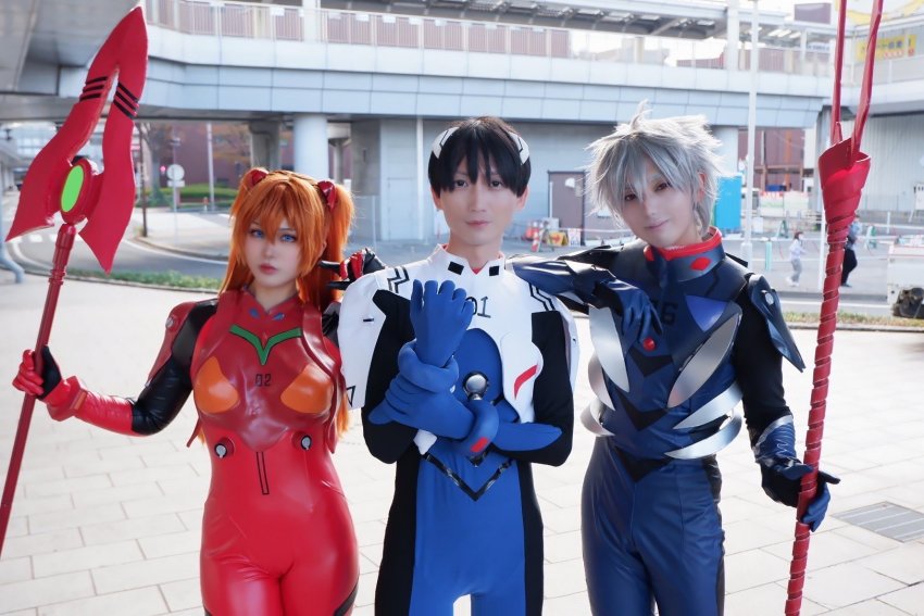 cosplay glico_happy highres ikari_shinji ikari_shinji_(cosplay) longinus_(lance-of-longinus) nagisa_kaworu nagisa_kaworu_(cosplay) photo_(medium) souryuu_asuka_langley souryuu_asuka_langley_(cosplay)