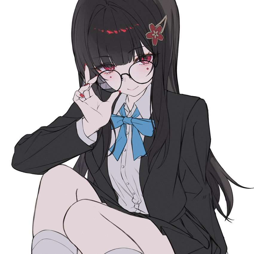 1girl black_hair black_skirt black_vest blue_bow blue_bowtie bow bowtie glasses hair_ornament hairclip highres honkai:_star_rail honkai_(series) long_hair looking_at_viewer neon_(pixiv_31150749) official_alternate_costume purple_eyes red_nails round_eyewear shirt simple_background skirt solo sparkle_(honkai:_star_rail) sparkle_(school_uniform)_(honkai:_star_rail) thighs very_long_hair vest white_background white_shirt