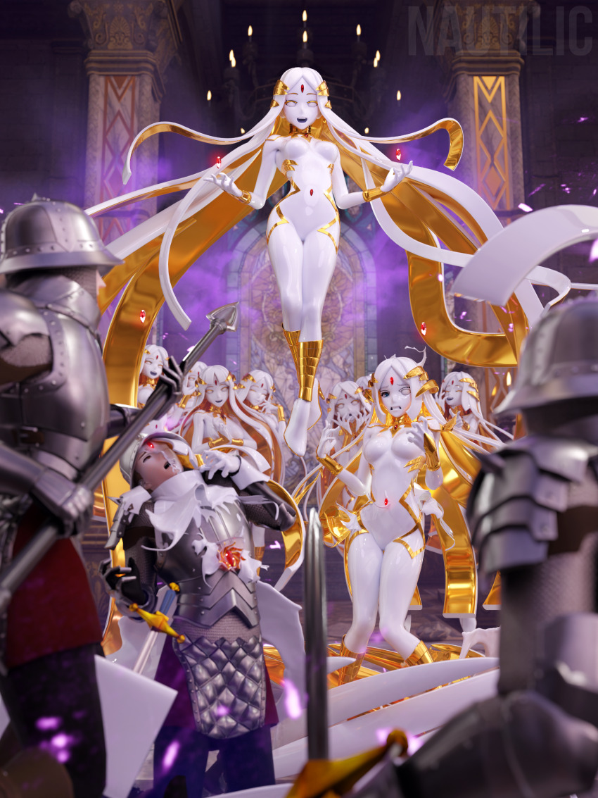 3boys 3d 6+girls :d absurdly_long_hair absurdres anklet armor blonde_hair blurry blurry_foreground borrowed_character bracelet breastplate breasts chainmail colored_eyelashes colored_inner_hair colored_skin corruption dark_persona floating floating_hair forehead_jewel gauntlets golem helmet highres holding holding_polearm holding_weapon jewelry knight long_hair medium_breasts metal_hair mind_control monsterification multicolored_hair multiple_boys multiple_girls nautilic open_mouth original polearm smile solid_eyes spear teeth two-tone_hair upper_teeth_only very_long_hair weapon white_eyes white_hair white_skin