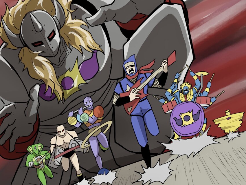 6+boys abs akuma_shogun animal_ears armlet armor artist_request ashuraman biceps black_jacket blonde_hair brown_hair cat_ears closed_eyes closed_mouth crushman_(kinnikuman) demon drum drum_set electric_guitar extra_arms full_armor full_body groin guitar helmet highres instrument jacket jewelry keyboard_(instrument) kinnikuman large_pectorals long_hair long_sleeves manly meme monster_boy motion_lines multiple_boys multiple_faces muscular music no_humans open_mouth outdoors parody pectorals planetman_(kinnikuman) playing_instrument running scene_reference sexy_commando_gaiden:_sugoiyo!_masaru-san short_hair short_sleeves smile sneagator_(kinnikuman) sunshine_(kinnikuman) the_ninja_(kinnikuman) wrestling wrestling_outfit